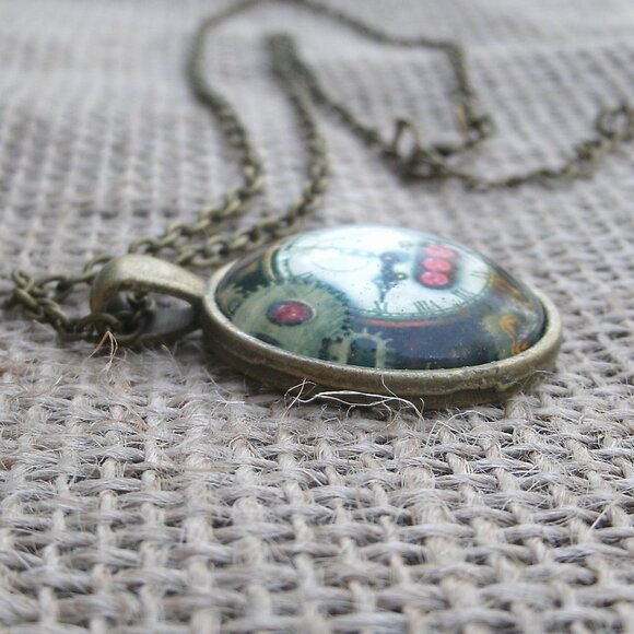 Steampunk Clock & Gears Glass Cabochon Pendant Necklace - Picture 7 of 12
